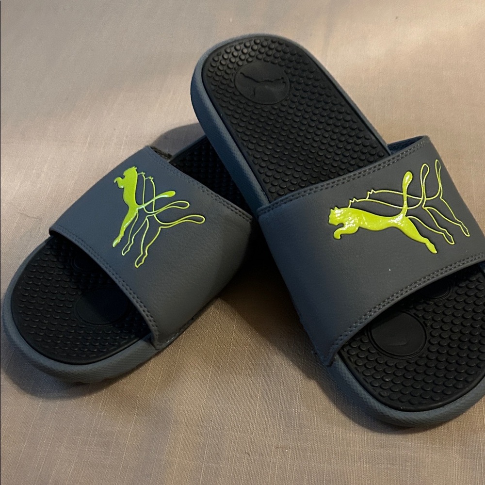 EUC Puma Slides with Vibrant Green Logo